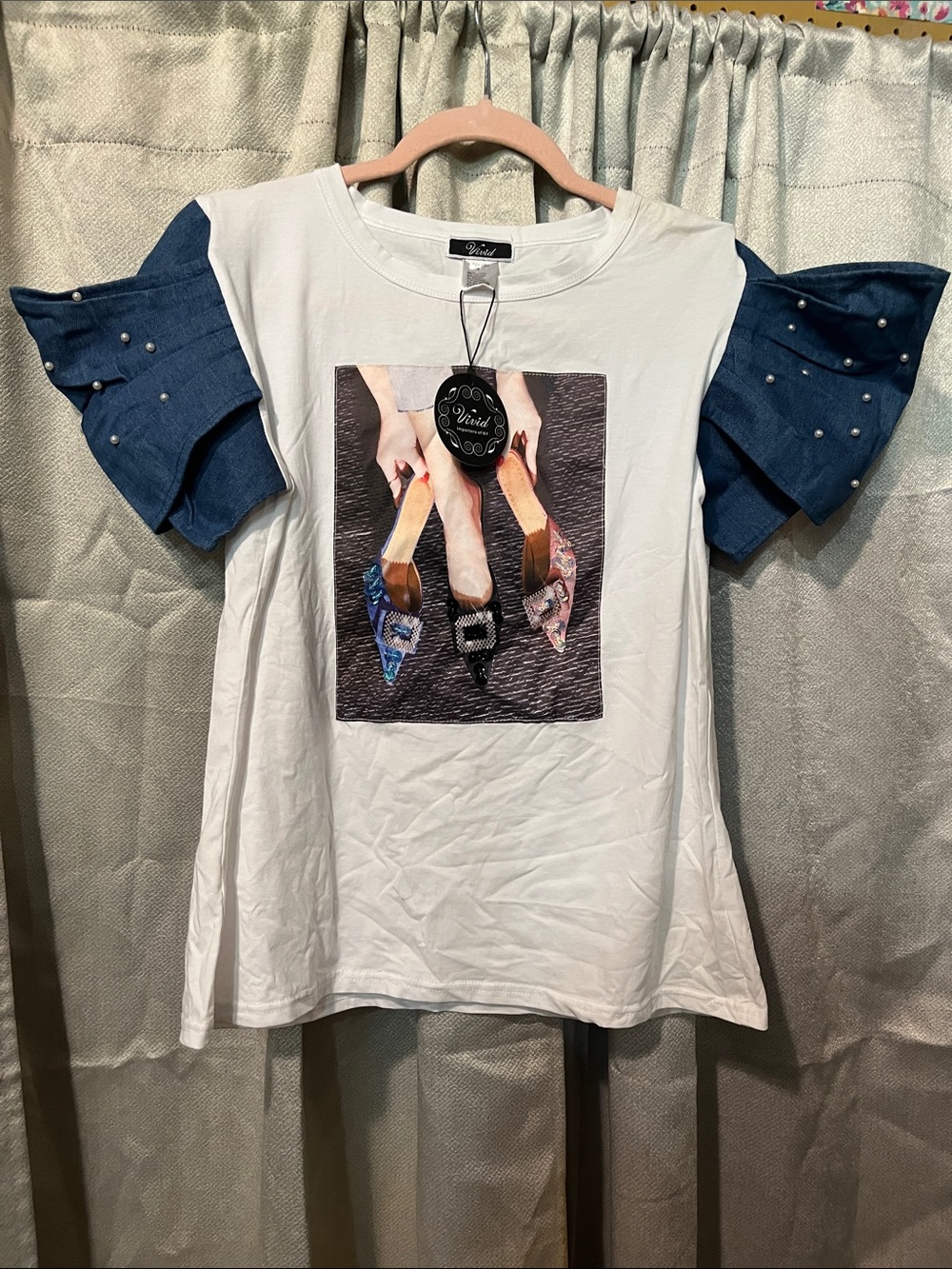 White Graphic Tee with Blue Denim Pearl Ruffle Sleeves